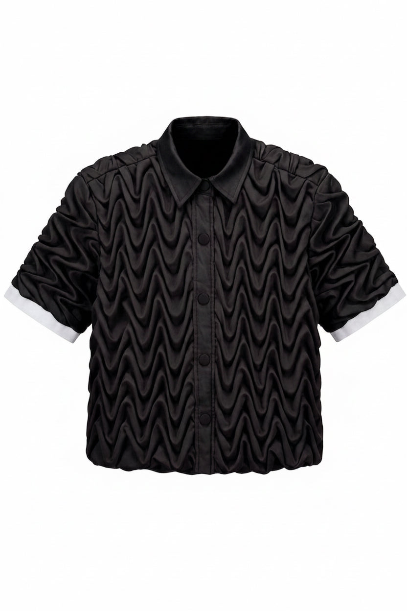 Signature Wavy Smocked Contrast sleeve hem Shirt